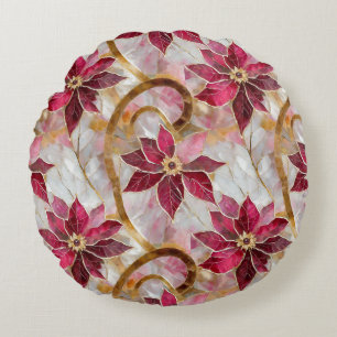 Almofada Redonda Dourados Swirls Borgonha Rosa Poinsettias de Natal