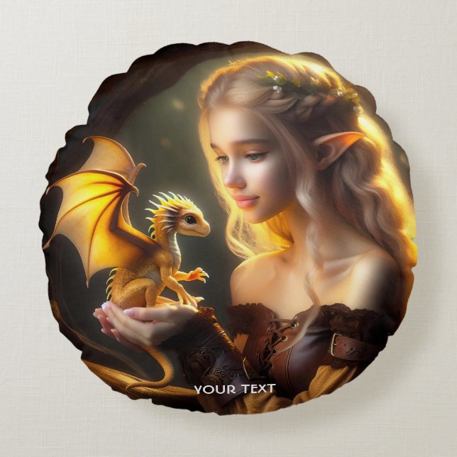 Almofada Redonda Dragão Amarelo Fantasy (Frente)