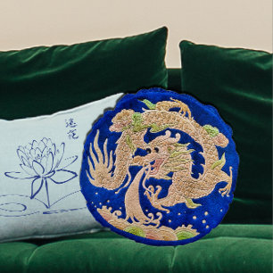 Almofada Redonda Dragão chinês no Travesseiro decorativo azul redon