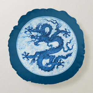 Almofada Redonda Dragão Chinês, Pillo Azul de Indigo e Branco