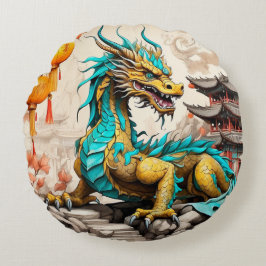 Almofada Redonda Dragão chinês tradicional para o Ano Novo Chinês