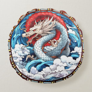 Almofada Redonda Dragão Mítico Asiático em Vermelho e Azul