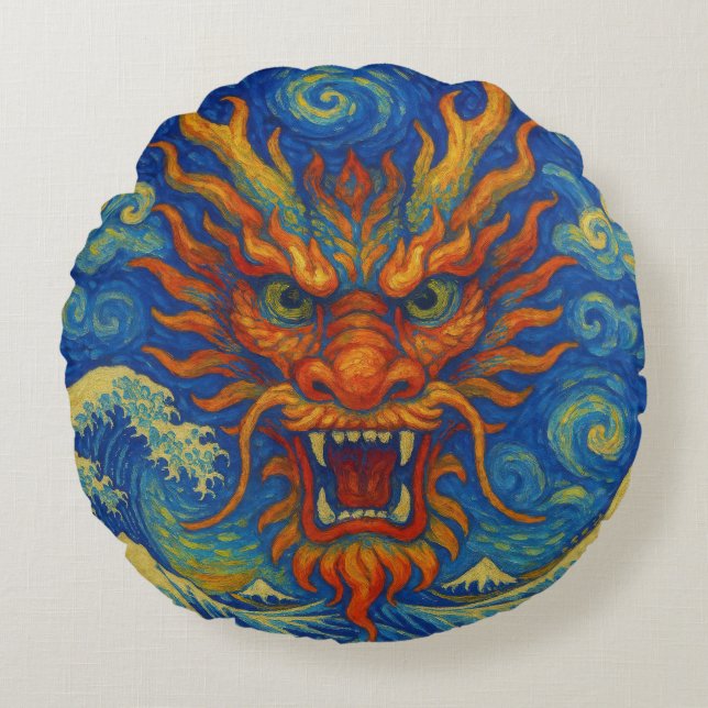 Almofada Redonda Dragão vermelho oriental noite estrelada Ondas Kan (Frente)