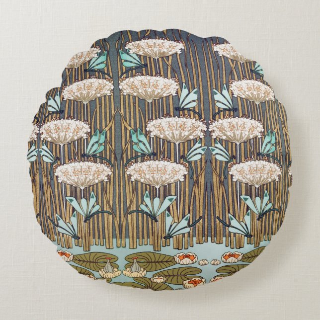 Almofada Redonda Dragões Água Lírios Marsh Art Nouveau (Frente)