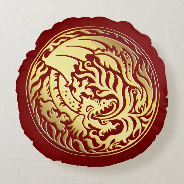 Almofada Redonda Dragoncírculo - Dourado no Vermelho (Frente)