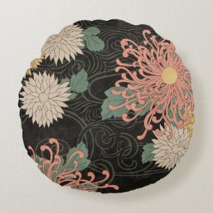 Almofada Redonda Dramatic Vintage Japonês Chrysanthemum Floral