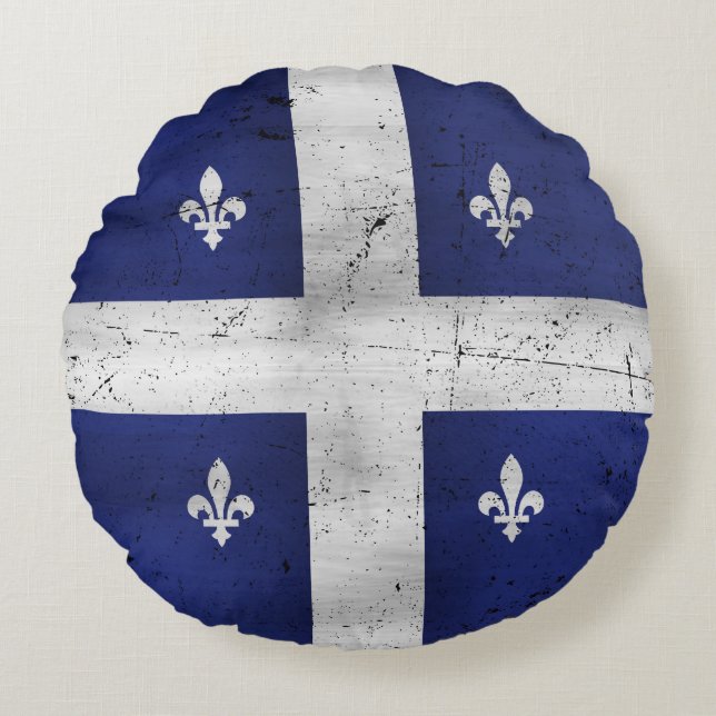 Almofada Redonda Drapeau du Québec, estilo grunge érodé (Frente)