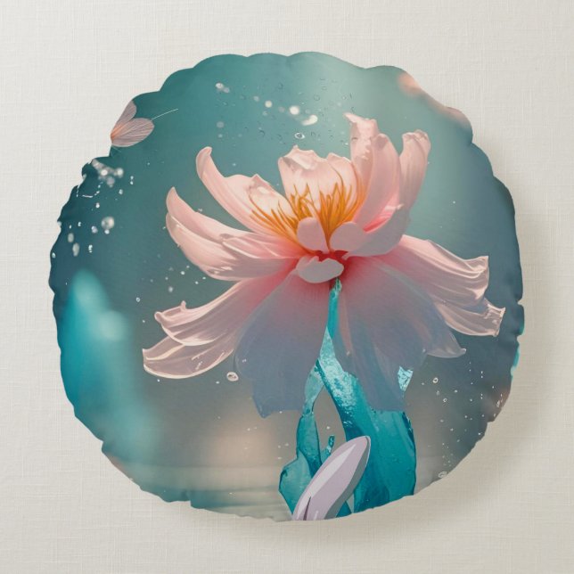 Almofada Redonda Dreamy Pink Lotus and Butterfly in Aqua Water (Frente)