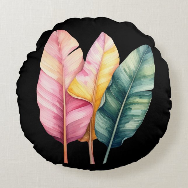 Almofada Redonda Drei Bananen Blätter in Pastellfarben  (Frente)