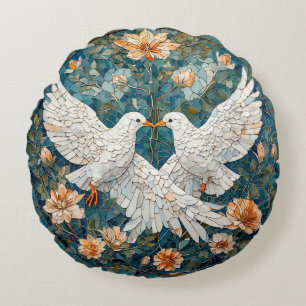 Almofada Redonda Duas Pombas Brancas em Meio a um Padrão Floral