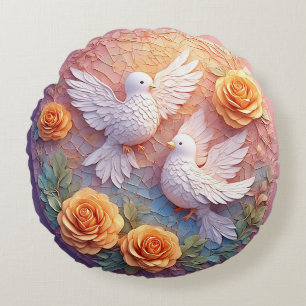 Almofada Redonda Duas Pombas Brancas em Meio a um Padrão Floral