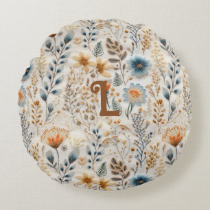 Almofada Redonda Dusty Blue Beige Floral Cottagecore Monograma