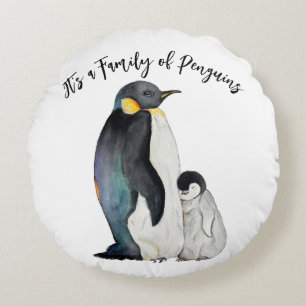 Almofada Redonda É uma família de pinguins desenhando aquarela