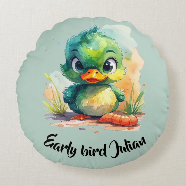 Almofada Redonda Early bird,  kleine grüne Ente fängt den Wurm (Frente)