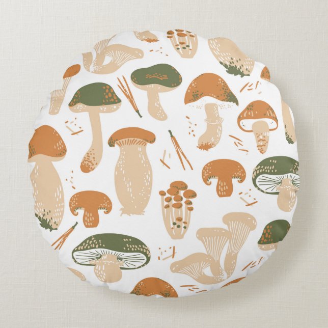 Almofada Redonda Edible Mushrooms seamless pattern. Linocut old sty (Frente)