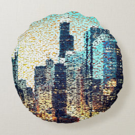 Almofada Redonda Edifícios da cidade azul em mosaico com alivio