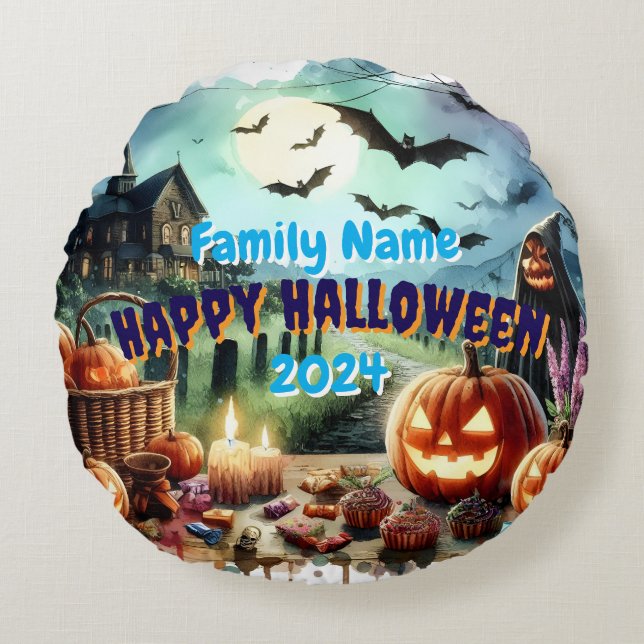 Almofada Redonda Eerie Halloween Night Watercolor (Frente)