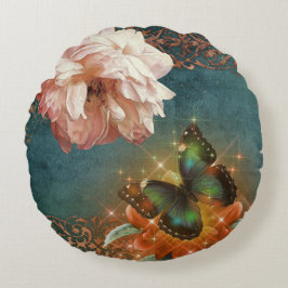 Almofada Redonda Eetal Butterly Bokeh e Peony Teal e Peach
