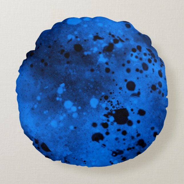 Almofada Redonda Efeito Splatter de Tinta Azul e Preto (Frente)