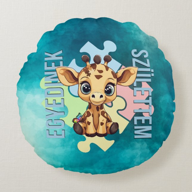 Almofada Redonda Egyedinek születtem – kedves zsiráfos design (Frente)