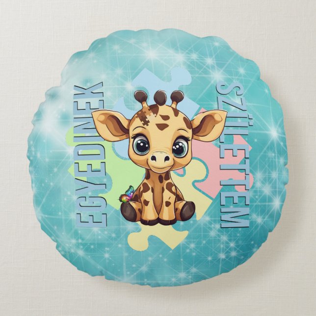 Almofada Redonda Egyedinek születtem – kedves zsiráfos design (Frente)