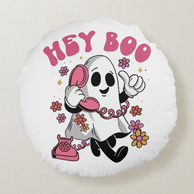 Almofada Redonda Ei Boo - Fantasma Groovy no Halloween  (Verso)
