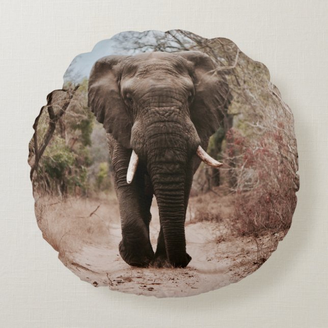 ALMOFADA REDONDA ELEFANTE NEGRO CAMINHANDO NA AREIA MARROM (Frente)