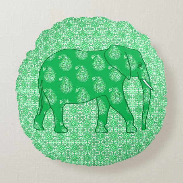 Almofada Redonda Elefante Paisley - verde-jade e branco (Frente)