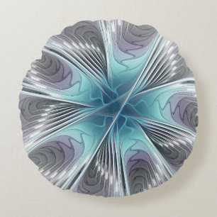 Almofada Redonda Elegance Modern Blue Cinza White Fractal Art Flowe