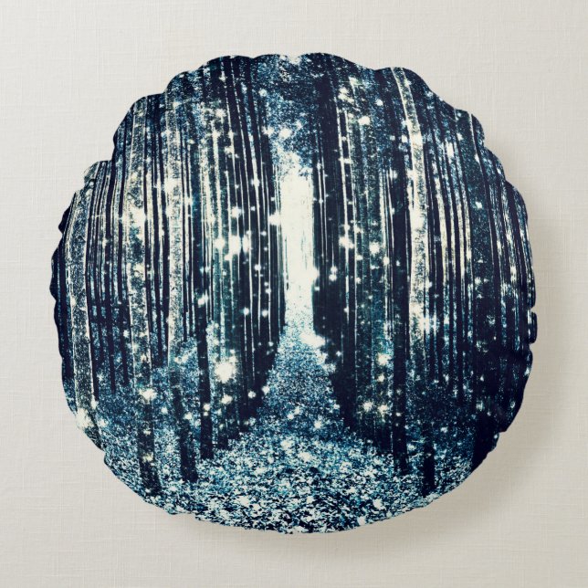 Almofada Redonda Elegância de Cinzas Teais da Floresta Mágica (Frente)