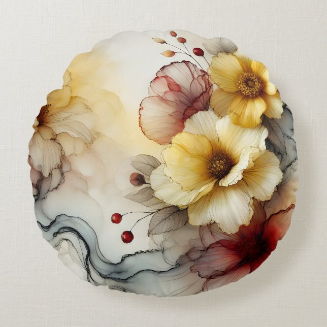 Almofada Redonda "Elegância do Bloom do Ouro: Serenidade Floral do  (Frente)