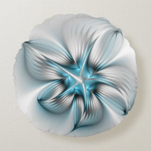 Almofada Redonda Elegância Floral Moderna Abstrato Azul Arte Fracta
