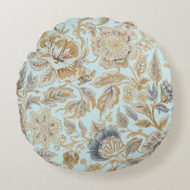 Almofada Redonda Elegant,Beigie Gold Soft Blue Flowers Pattern (Frente)