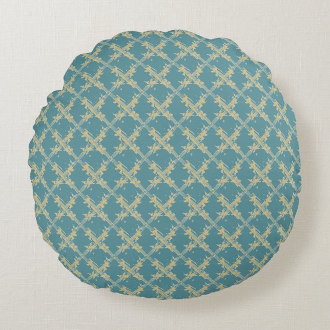 Almofada Redonda Elegant,Gold Blue Lattice Pattern (Frente)