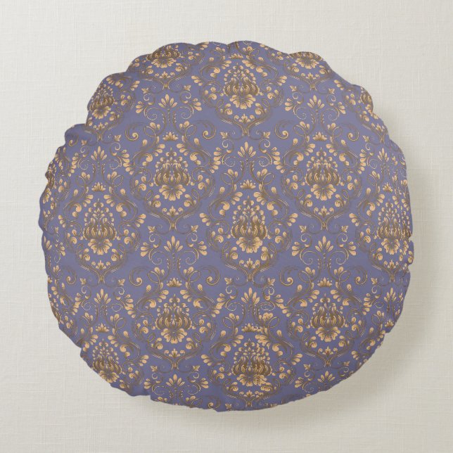 Almofada Redonda Elegant Gold Damask on Periwinkle Blue (Frente)
