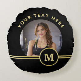 Almofada Redonda Elegant Gold Signature Monogram with Photo