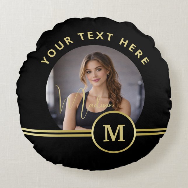 Almofada Redonda Elegant Gold Signature Monogram with Photo (Frente)