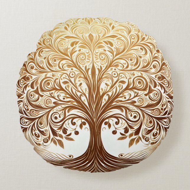 Almofada Redonda Elegant Gold Tree of Life Spiritual Zen (Frente)