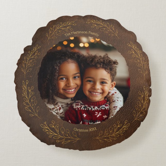 Almofada Redonda Elegant Golden Leaves Family Photo Christmas Brown (Frente)