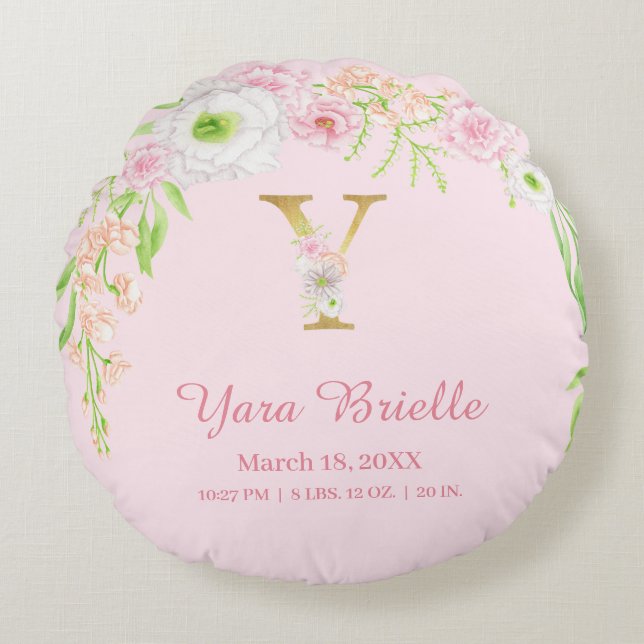 Almofada Redonda Elegant Pink Gold Monogram "Y" Baby Girl Stats (Frente)
