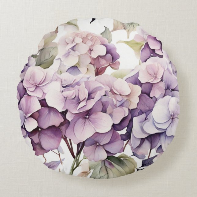 Almofada Redonda Elegant pink purple watercolor hydrangeas  (Frente)