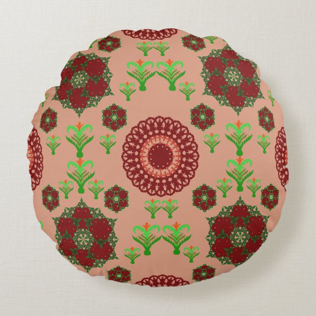 Almofada Redonda Elegant Red Mandala Geometric Bedroom & Home Texti (Frente)