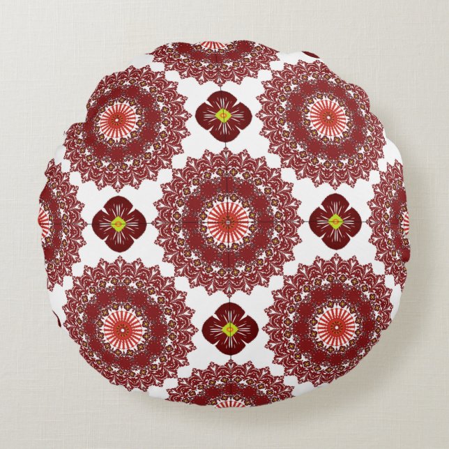 Almofada Redonda Elegant Red Mandala Geometric Bedroom & Home Texti (Frente)