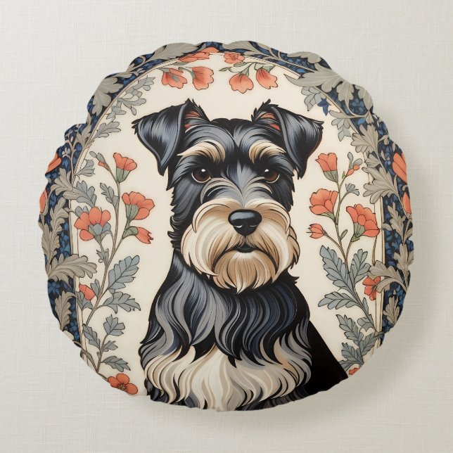Almofada Redonda Elegant Schnauzer William Morris Inspired Floral (Frente)