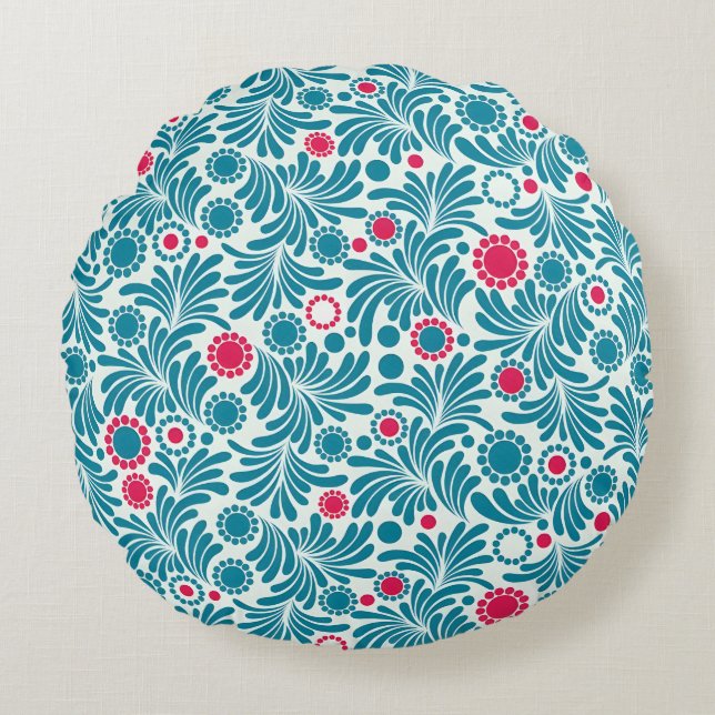 Almofada Redonda Elegant Teal and Magenta Foliage Pattern (Frente)