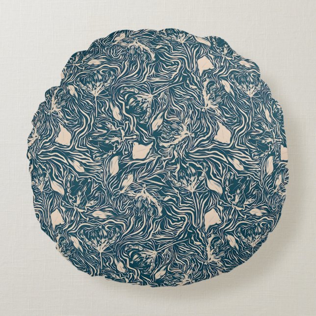 Almofada Redonda Elegant Teal Botanical Swirl Seamless Pattern (Frente)