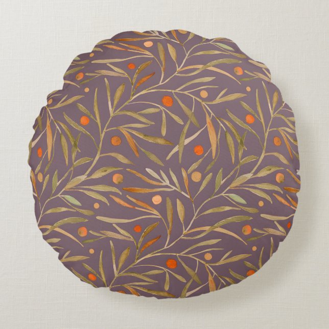 Almofada Redonda Elegant Watercolor Leaf Pattern  Purple Background (Frente)