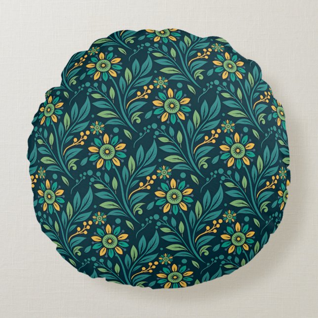 Almofada Redonda Elegant Yellow and Teal Floral Pattern Design (Frente)