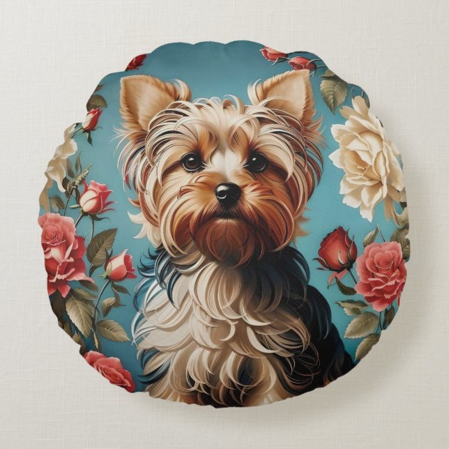 Almofada Redonda Elegant Yorkshire Terrier Portrait Rosa Garden (Frente)