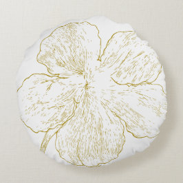 Almofada Redonda Elegante Arte de Linha Floral Dourada Minimalista